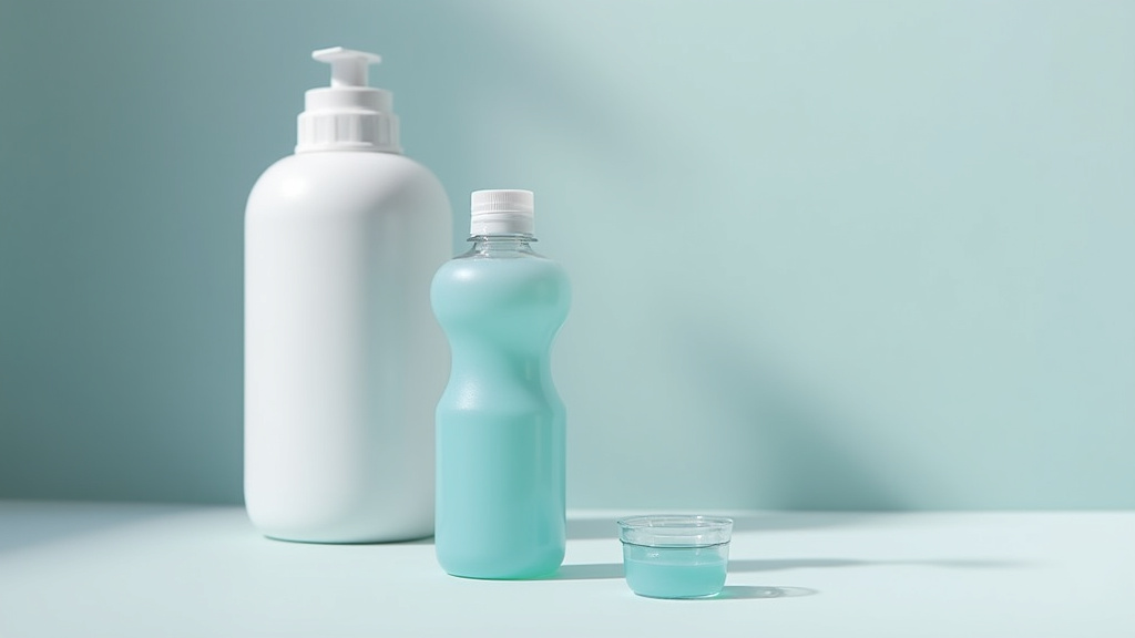 A small cap of blue laundry detergent beside plain unbranded bottles