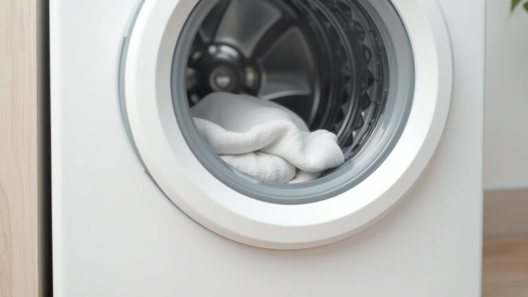Close-up of a front-loading washing machine door with light-colored clothes inside